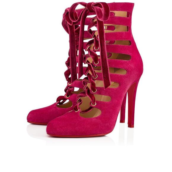 Christian Louboutin Spinetita 100 Loulou Pink Lace Up Sandal Heel Bootie 37.5 - Picture 1 of 12